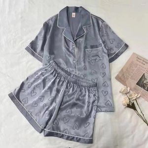 Vêtements de nuit pour femmes Femmes Satin Pyjama Ensembles Sexy Col en V À Manches Longues Haut Pantalon Amour Imprimer Vêtements À La Maison Soie Doux Luxe Vêtements De Nuit Ensemble Court