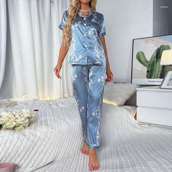 Vêtements de nuit pour femmes femmes en pyjamas en soie satin ensembles de manches courtes imprimées florales avec pantalon pantalon deux pièces Pijamas pour le costume à la maison femme