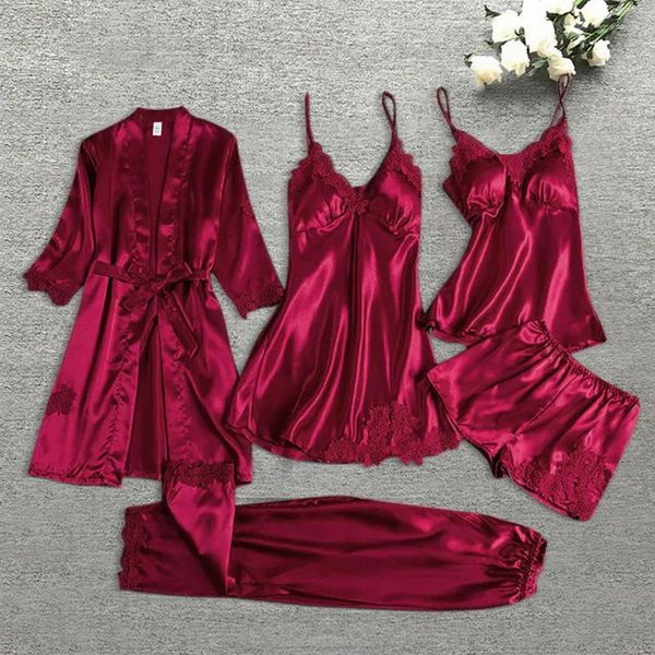 Vêtements de nuit pour femmes Femmes Satin Soie Pyjamas Ensemble 5 pièces Robe Chemise de nuit Shorts Pantalon Femme Sexy Mariage Nightwear Home Wear Nighty