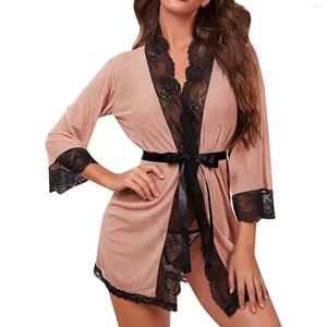 Ropa de dormir para mujer, bata transparente con cinturón, lencería Sexy, ropa de dormir de malla de encaje, Kimono, albornoces, camisón femenino, batas, pijamas