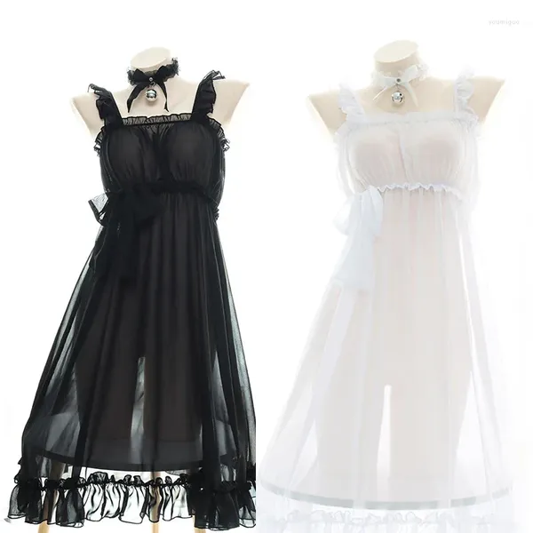 Vêtements de nuit pour femmes femmes semi-perméables en mousseline de mousseline pyjamas solides blanc noir sweet bowknot sans manches de nuit privée de nuit sexy cosplay