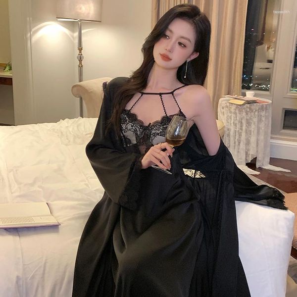 Vêtements de nuit pour femmes sexy noire en dentelle satin de nuit 2pcs robe set robe kimono creux