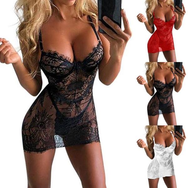 Vêtements de nuit pour femmes Femmes Sexy Dentelle Creuse Chemise de Nuit Réglable Spaghetti Sangle Sling Chemise de Nuit Maille Haut de Gamme Lingerie Érotique Ensemble Y Compris P