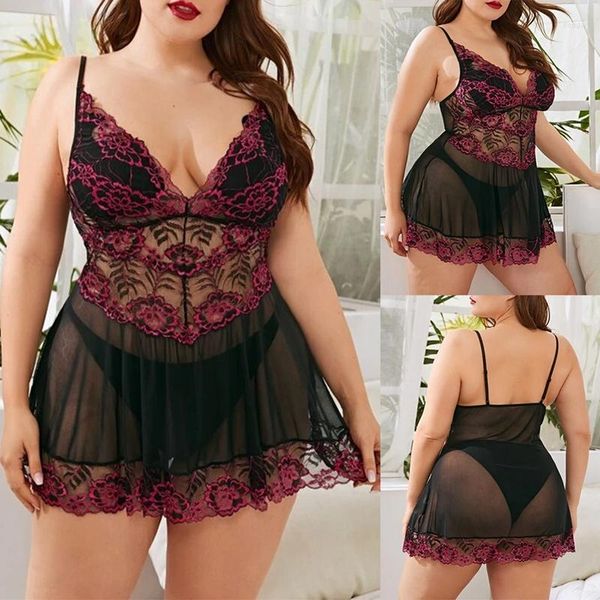 Vêtements de nuit pour femmes Femmes Sexy Dentelle Couture Bretelles Spaghetti Chemises de Nuit Col en V Sans Manches Transparent Chemise de Nuit Robe de Nuit Grandes Tailles