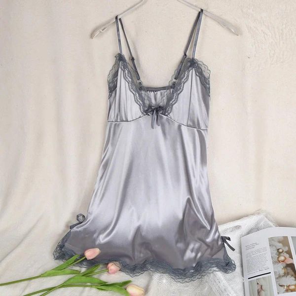 Ropa de dormir para mujer Mujeres Lencería sexy Vestido de noche Mini camisones Correas en V profunda Faldas de color sólido Faldas de encaje de seda Femme