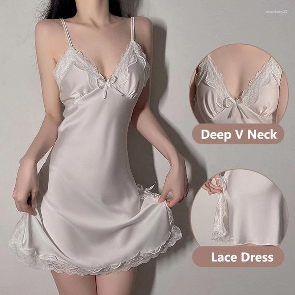 Vêtements de nuit pour femmes Femmes Sexy Lingerie Soie Chemises de nuit Satin Sans manches Nuisettes Col V Chemise de nuit Femme Nuit Maison Tissu Robe blanche