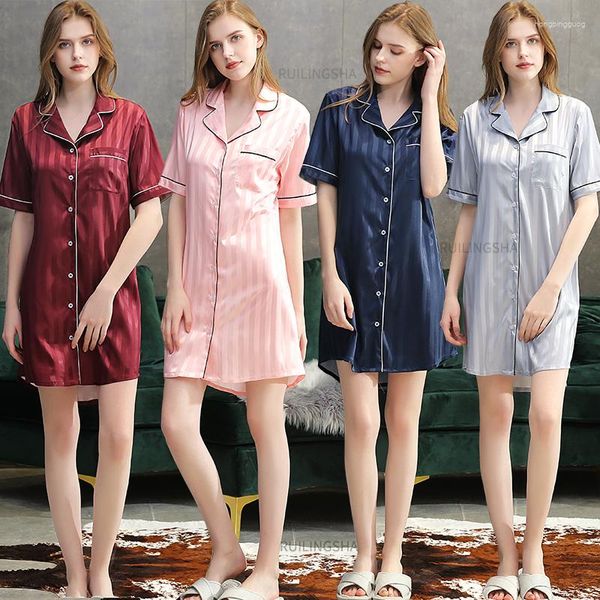 Ropa de dormir para mujer, ropa de dormir Sexy para mujer, camisones de manga corta hasta la rodilla, camisón rosa, lencería, ropa de noche, vestido