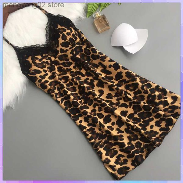 Ropa de dormir para mujer Ropa interior sexy para mujer Camisón de leopardo de encaje Vestido ajustado Ropa de dormir de seda de hielo Lencería sexy Camisón Ropa de casa Patrón animal T230524