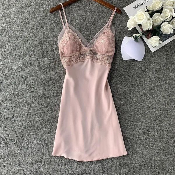 Ropa de dormir para mujer Mujeres Sexy con cuello en V Faux Silk Sleepdress Lace Flower Home Dressing Bata Lindo Arco Camisón con sujetador Ropa de dormir íntima