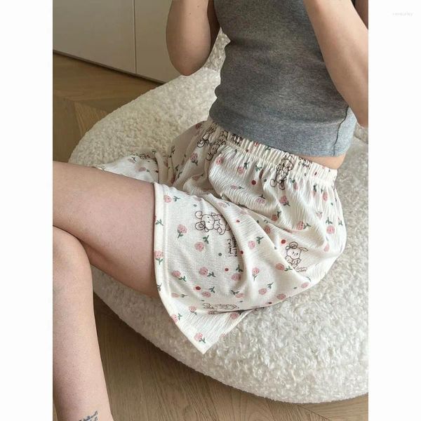 Vêtements de nuit pour femmes shorts d'été long longs élastiques lacets imprimés kawaii sleep fond fitness coulant de sous-vêtements simples.