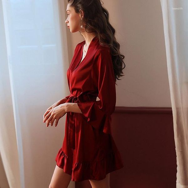 Ropa de dormir para mujer, bata de seda para mujer, lencería Sexy, pijama con volantes en los puños, cárdigan, vestido de noche para mujer, camisón elegante para el hogar para mujer