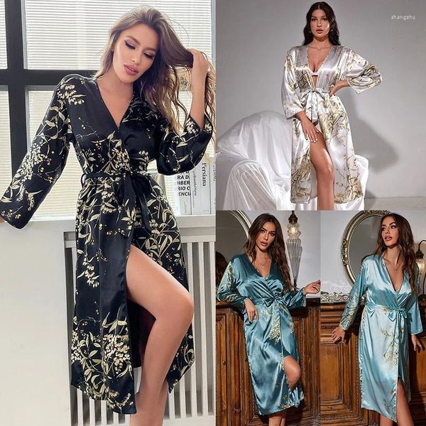 Vêtements de nuit pour femmes Femmes Satin de soie à manches longues Jupe de nuit Kimono Robe Imitation Pyjama Peignoir Femme Pyjama Mode Chemise de nuit Sexy