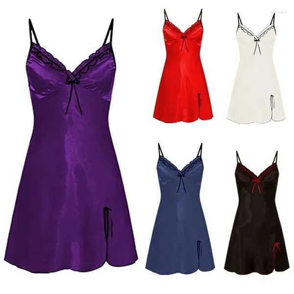 Vêtements de nuit pour femmes Femmes Sling Dentelle Femme Sexy Col V Chemise de nuit à lacets Découpe Fleur Soyeuse Confortable