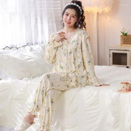 Vêtements de nuit pour femmes Ensemble de pyjamas à petites fleurs pour femmes Big Yards Pijamas Mujer Automne Sweet Cute Princess Cardigan à manches longues V-Neck Nightwear