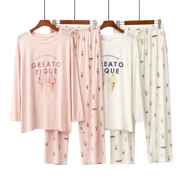 Ropa de dormir para mujer Mujeres Modal suave 2 piezas Pijama de manga larga Impreso Pijama Mujer Femme Ropa de dormir suelta Traje Femenino Casual Homewear Set