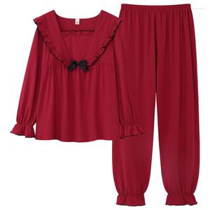 Vêtements de nuit pour femmes Pyjamas Modal doux Mariage Ensembles de pyjama rouge festif Hauts à manches longues Pantalons Vêtements de maison Pyjamas