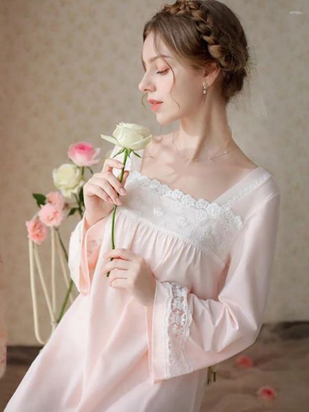 Vêtements de nuit pour femmes Femmes Printemps Automne Manches longues Coton Dentelle Antique Doux Pyjamas Chemises de nuit Col carré Princesse Vintage Chemise de nuit