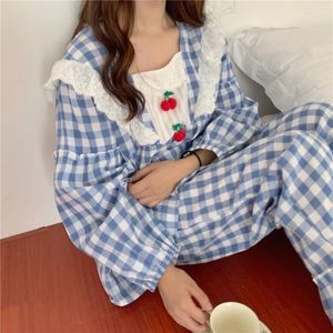 Dames nachtkleding dames lente herfst pyjama set kersen schattig geruit kantwerk prinses huiskleding broek met lange mouwen service rood blauw