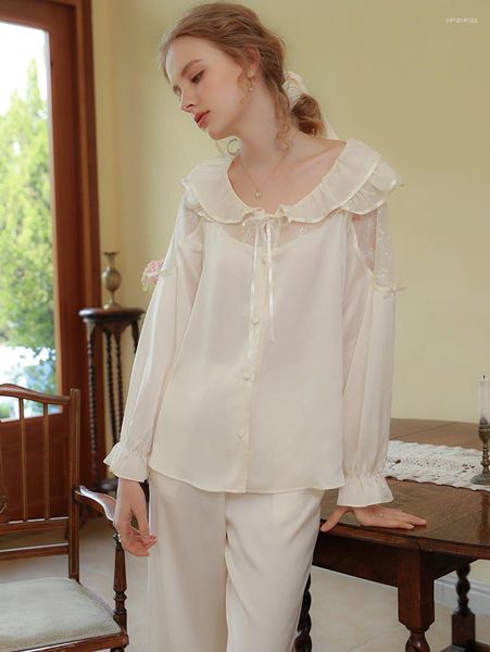 Ropa de dormir para mujer Mujeres Primavera Coreano Manga larga Pijamas de seda Conjunto Retro Dulce Sexy Victorian Ruffles Lace-Up Kawaii Summer Loungewear