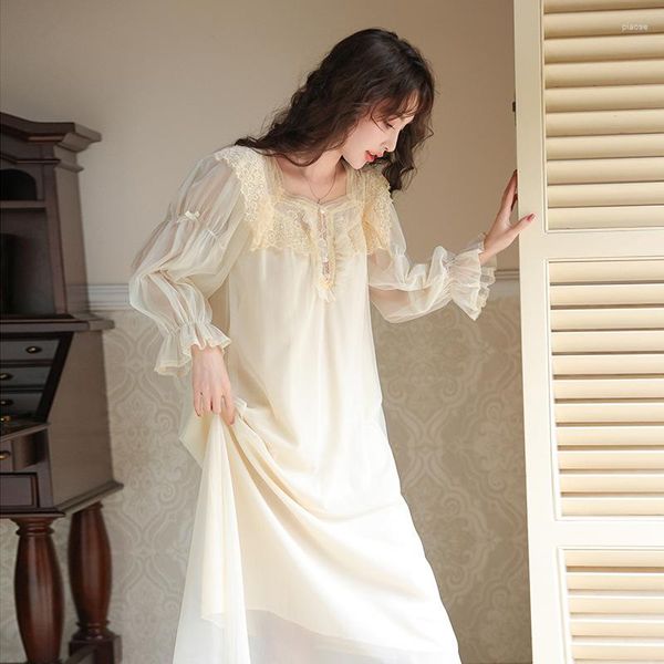 Ropa de dormir para mujer Mujeres Verano Dulce Malla Ruffle Modal Manga Robe Nightwear Victorian Vintage Nightgown Bordado Vestido de noche largo