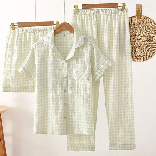 Ropa de dormir para mujeres Summer de pijama de tres piezas Juego de algodón a cuadros japonés Hilo de doble capa de algodón de algodón