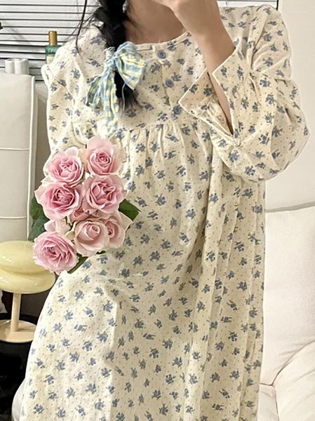 Ropa de dormir para mujer Mujeres Sweet Girls Coreano Vintage Pijama Nightdress Algodón Estampado Princesa Ropa de dormir Otoño Primavera Victoriano Vestido de noche