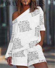 Dames Nachtkleding Dames Trainingspakken Shirt Met Losse Shorts Letter Print Tweedelige Sets Mode Off Shoulder Outfits Blouses