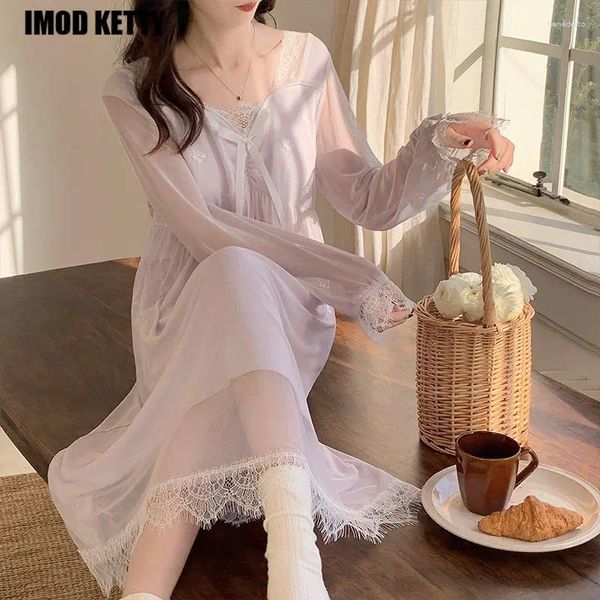 Ropa de dormir para mujer Mujeres con cuello en V Sólido Arco Sólido Empalme Dulce Camisón Vestido Estilo Coreano Harajuku Suave Viento Romántico Ropa para el hogar