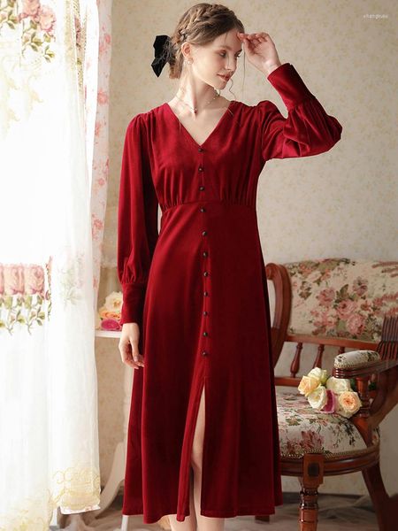 Ropa de dormir para mujer Mujeres Victorian Nightgowns Velour Robe Long V-cuello Slit Nightdress Otoño Invierno Terciopelo Princesa Vintage