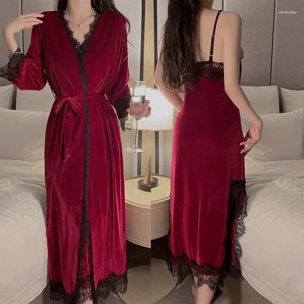 Ropa de dormir para mujer Mujeres Cálido Velour Homewear Long Kimono Robe Cami Borgoña Albornoz Set Sexy Nightgown Traje de invierno Loungewear