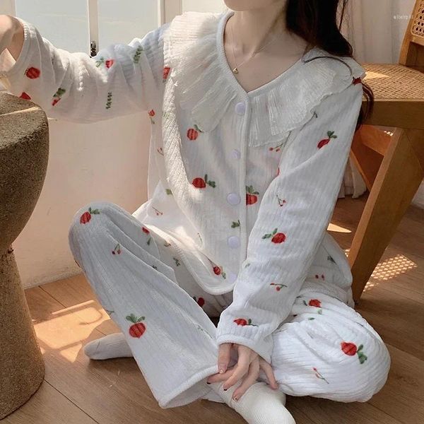 Ropa de dormir para mujer Mujeres Blanco Dulce Impreso Dos piezas Largo Casual Cardigan Diseño Mangas completas Pijamas Pantalones de invierno Pijamas de terciopelo