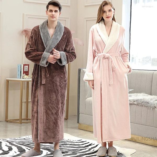 Vêtements de nuit pour femmes Femmes Hiver Extra Long Jacquard Flanelle Peignoir Chaud Plus Taille Spa Robes De Bain Corail Polaire Robe De Chambre Hommes Confortable