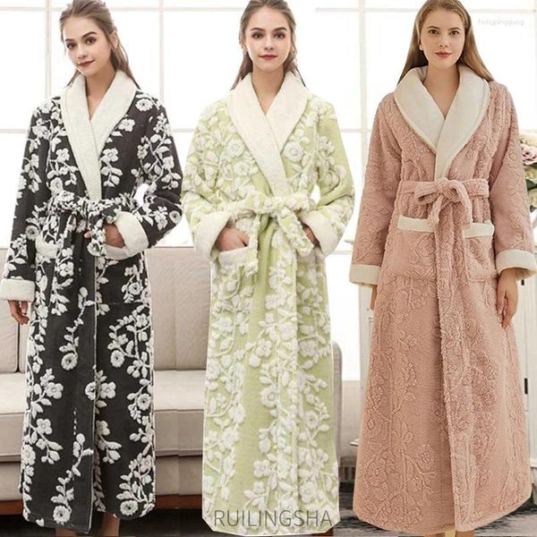 Vêtements de nuit pour femmes Femmes Hiver Extra Long Jacquard Chaud Flanelle Peignoir Plus Taille Corail Polaire Peignoir Floral Robe De Chambre Hommes Épais