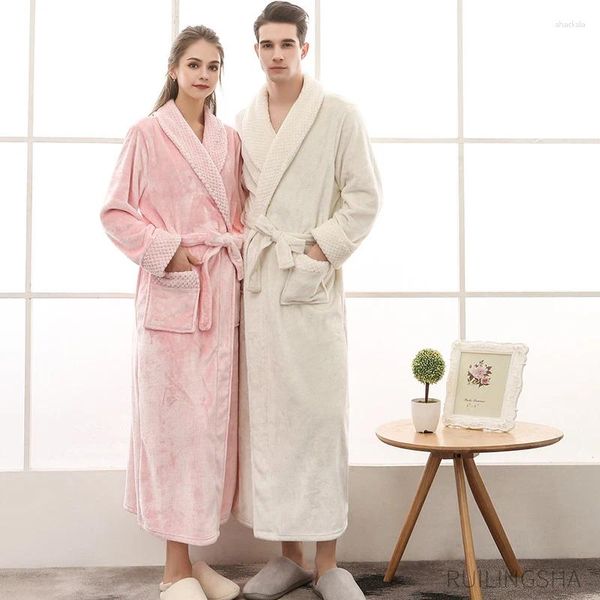 Ropa de dormir para mujer Mujeres Invierno Extra Largo Cálido Franela Albornoz Tallas grandes Amantes Grueso Coral Fleece Batas de baño Hombres Bata sólida