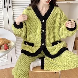 Vêtements de nuit pour femmes Femmes Hiver Flanelle Pyjamas Ensemble Polaire Chaud Épaissir Velours Femme Homewear Mignon Doux Cardigan Vert Pijamas