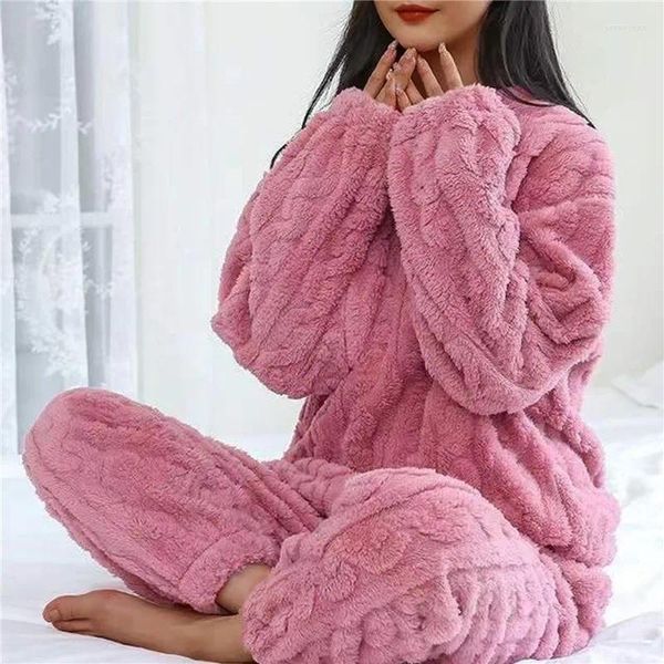 Vêtements de nuit pour femmes Femmes hiver polaire pyjama ensemble o-cou à manches longues mode pyjama chaud décontracté flanelle salon vêtements de maison vêtements