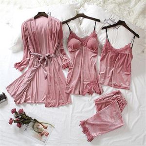 Vêtements de nuit pour femmes Femmes Hiver Accueil Pyjamas Velours Épaissir Chaud Dentelle Sexy Lingerie Chemise de Nuit 4 pièces Pijama Vêtements Pyjamas Ensemble