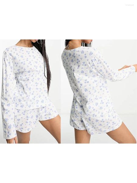 Vêtements de nuit pour femmes Femmes Y2K 2 pièces Pyjama Set Mignon Floral Volant à manches longues T-shirt Bouton Haut et short PJS Sleep Loungewear