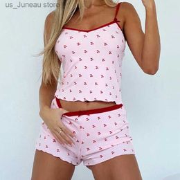 Vections pour femmes Femmes 2 pièces Pyjama Set Summer Sneveless Camiry Print Camis Tops + Shorts Swt Mignon Lounge Slpwear Home Outfits T240412
