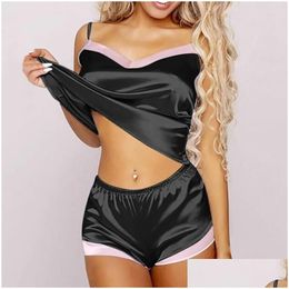 Vêtements de nuit pour femmes 2023 Dentelle Pijama Dot Print Pyjama Ensembles V-Neck Stretch Satin Sexy Lingerie Pyjamas Home Wear Nightwear Drop Dhbov