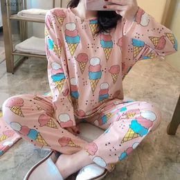 Dames slaapkleding dames pyjama set cartoon pyjama lange mouwen+broek 2pcs pyjama set 2024 lente/zomer thuis mode pyjama's wx