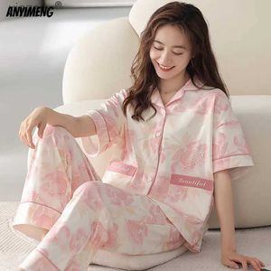 Dames slaapkleding dames pyjama set zomer hoge kwaliteit katoen pyjama marmeren flip kraag dames pyjama casual home set sjaal kraag dames pyjama wx