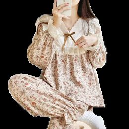 Pyjama féminin pour femmes Set Sweet Princess Bow Flower Lace Imprimé Pyjamas de maison confortable et décontracté WX