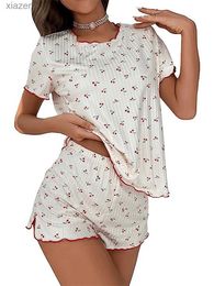 Dames slaapkleding dames pyjama set met kersenprint geplooide korting met korte mouwen en elastische taille korte mouwen tweedelige casual slijtage wx