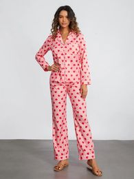 Ropa de dormir para mujer Conjuntos de pijamas para mujer Conjunto de pijama de algodón Lindo estampado de corazón Manga larga Cierre de botones Tops con pantalones Ropa de salón