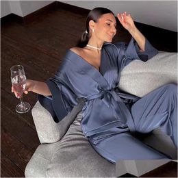 Vêtements de nuit pour femmes Pyjamas pour femmes Ice Silk Cardigan à manches longues Pijama Pantalon Costumes Plus Size Lingere Set Femme 2 Pièces Home Suit 2 Dhqia