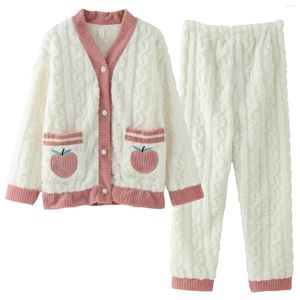 Femmes Pyjamas Ensemble Cardigan Polaire Corail Flanelle Pyjama Pantalon Épaissi Homewear Automne Épaissir Chaud Surdimensionné Streetwear