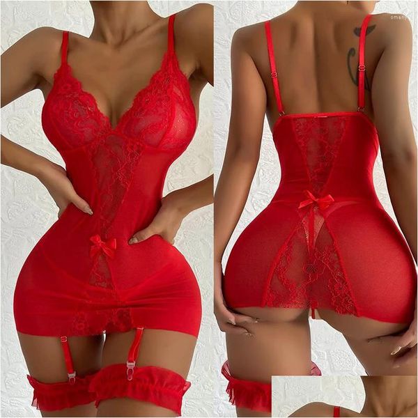 Vêtements de nuit pour femmes Femmes Plus Taille Dames Lingerie Sexy Femmes Dentelle Nuisette Robe Babydoll Sous-vêtements Jarretière Costume Mesh Nightwea Dhv5F