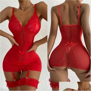 Vêtements de nuit pour femmes Femmes Plus Taille Lingerie Sexy Femmes Dentelle Nuisette Robe Babydoll Sous-vêtements Érotiques Jarretière Costume Résille Transparen Dhexy