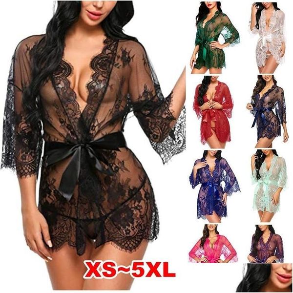 Vêtements de nuit pour femmes Femmes Plus Taille Chemise de nuit Femmes Lingerie Sexy See-Thru Robe en dentelle Babydoll Kimono Robe Mesh Nightwear Drop Delive Dhhdq